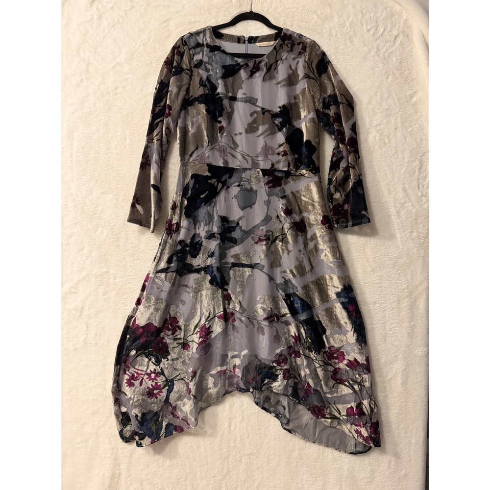 Soft Surroundings Burnout Velvet Floral Handkerchief Hem Midi Dress 2EN27 Grey L